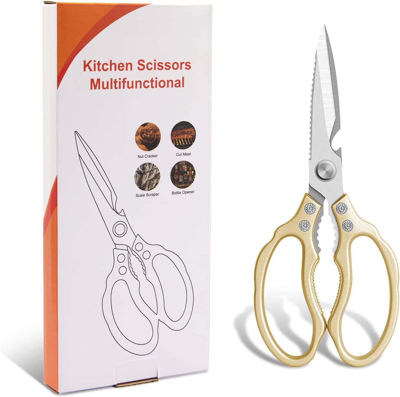 CGBE Kitchen Scissors All Purpose Heavy Duty, Ultra Sharp Stainless Steel Kitchen Shears Dishwasher Safe, Cooking Shears for Chicken, Poultry, Fish, Meat, Herbs & Grapes with Non-Slip Grips - Gold