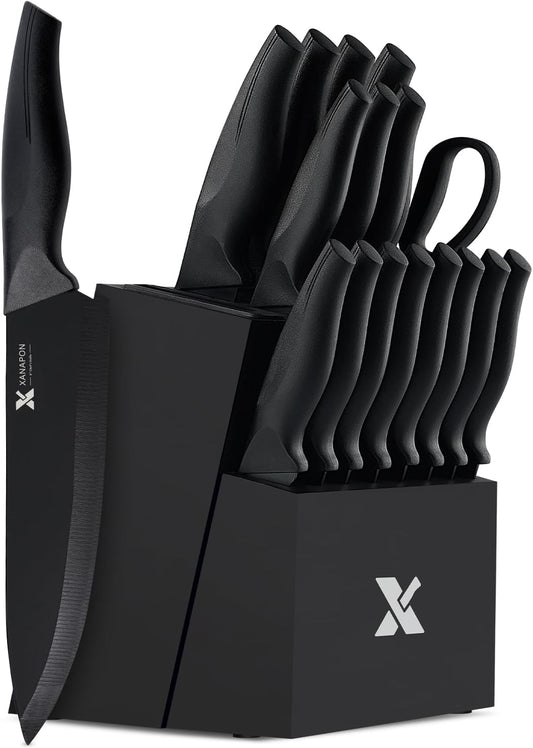 XANAPON 19-Piece Black Kitchen Knife Set with Block and Built-in Sharpener, High Carbon Stainless Steel Chef Knives Set for Kitchen with 8 Steak Knives, Ergonomic Handles, Perfect Housewarming Gift