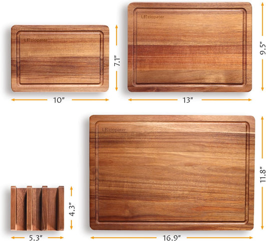 Acacia Wood Cutting Board Set of 3, Solid Wood Cutting Board with Holder, Deep Juice Grooves & Built-in Handles, Durable Wooden Chopping Board Set for Meat, Vegetables, Cheese, Kitchen Prep