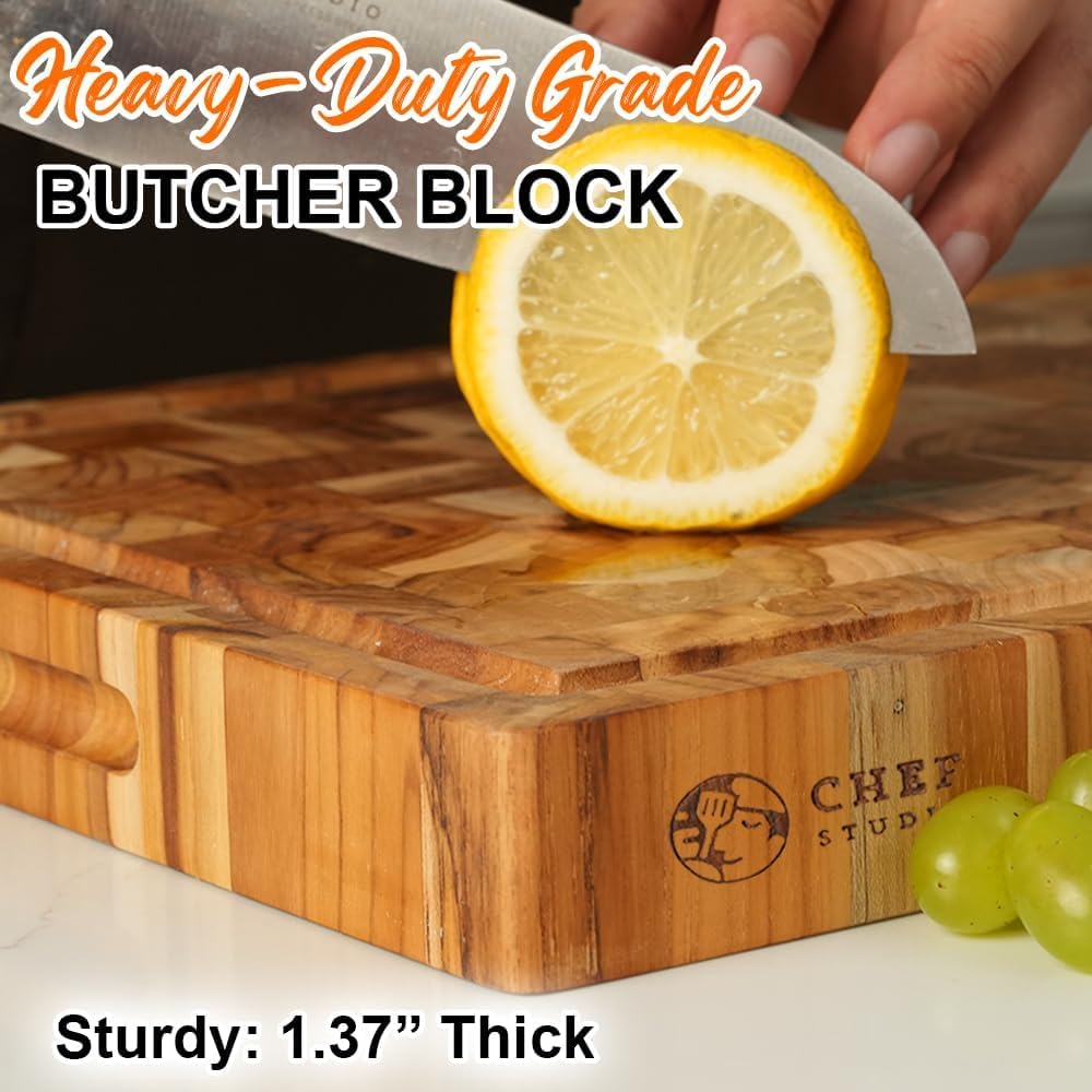 Large Teak Wood Cutting Board, End Grain Butcher Block for Kitchen, Big Wooden Kitchen Christmas, Thanksgiving Gifts for Hostess, Reversible, Hand Grips, Size 15.8x11x1.37 inch