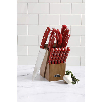 Oster Evansville 14 Piece Cutlery Kitchen Knife Block Set, Stainless Steel w/Linen White Handles - Cuchillos Para Cocina