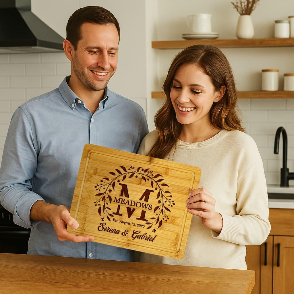 Personalized Wedding Gift Cutting Board for Couples, Custom Engraved Walnut, Cherry or Bamboo Wood Charcuterie Board, Anniversary & Housewarming, Real Estate Closing, Engagement & Bridal Shower Gift