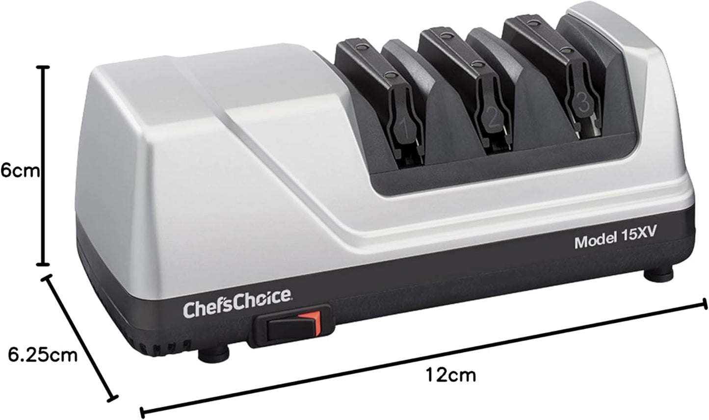 Chef'sChoice 15XV Professional Electric Knife Sharpener with Durable Metal Housing & 100-Percent Diamond Abrasives and Precision Angle Guides for Straight Edge and Serrated Knives, 3-Stage, Metallic