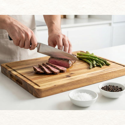 End Grain Acacia Wood Cutting Boards for Kitchen, 1.5 in Thick Butcher Block Construction for Stability, 15 x 10 in Medium Cutting Boards with Gift Box, Juice Groove and Handle