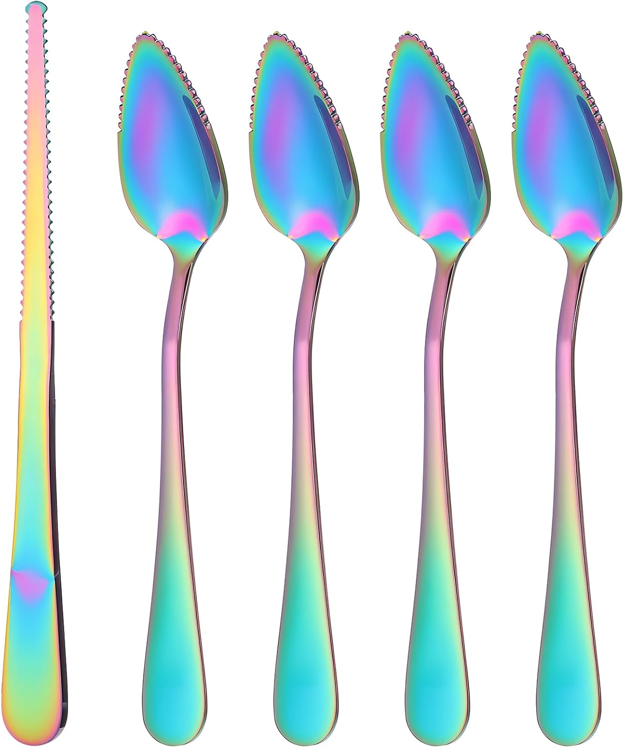 5 Pcs Grapefruit Spoons and Knife Set Gold Stainless Steel Serrated Utensils for Citrus Kiwi Melon Lemon Puree Dishwasher Safe