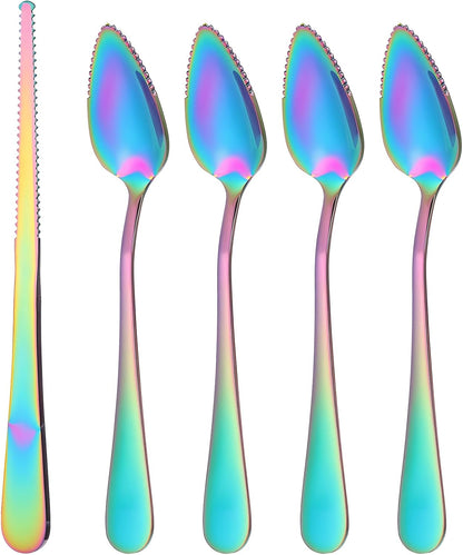 5 Pcs Grapefruit Spoons and Knife Set Gold Stainless Steel Serrated Utensils for Citrus Kiwi Melon Lemon Puree Dishwasher Safe