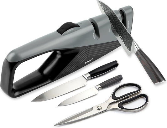 Professional Knife Sharpener with 3-Stage Sharpening - Coarse, Fine & Scissor Slots | 5-Angle Adjustable (15°-24°) | Comfort-Grip Kitchen Knife Sharpener for Kitchen Knives, Pocket, Scissors
