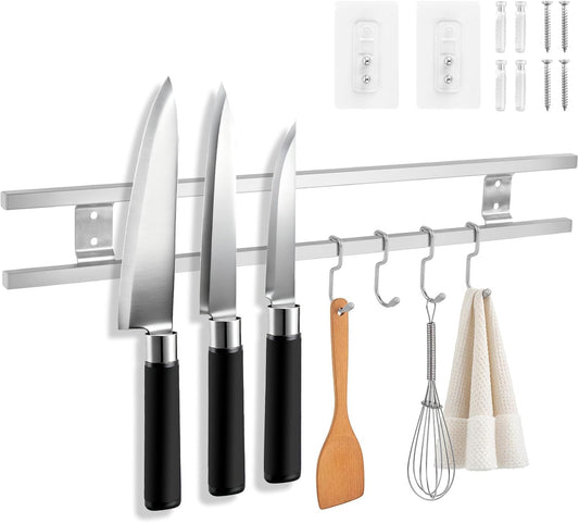 17 Inch Magnetic Knife Holder with 4 Hooks, Dual Rod Strong Magnet Knife Bar for Partry Garage Tool Rack, No Drilling Wall Mount Magnetic Knife Strip Adhesive Knife Holder for RV Kitchen Organization