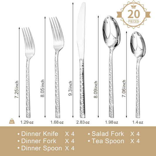 KINGSTONE 36 Piece Silverware Set with Steak Knives, Hammered Silverware Set for 6, 18/10 Stainless Steel Flatware, Cutlery Set for Home, Party, Wedding, Mirror Polished Dishwasher Safe