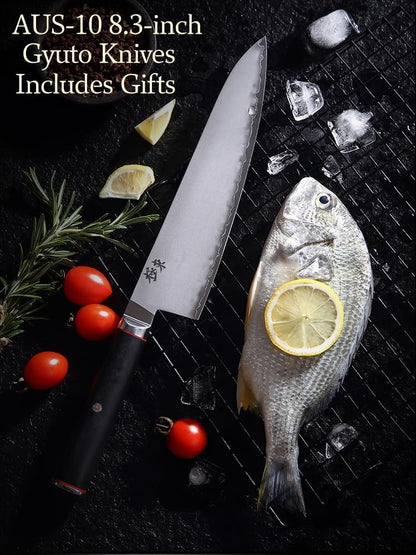 Japan Aichi AUS10 Triple Layer Composite Steel 8-inch Chef's Knife,Gyuto，Meat Cleavers，G10 Handle, Forged Kitchen Knife，Black Walnut Knife Sheath Set