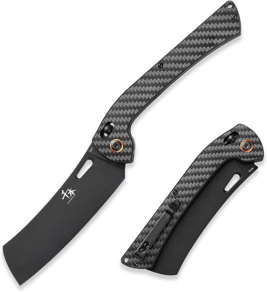 SENBON foldable chef's knife, AUS-8 stainless steel with black titanium plating, carbon fiber handle with back clip, portable outdoor folding fruit petty knife