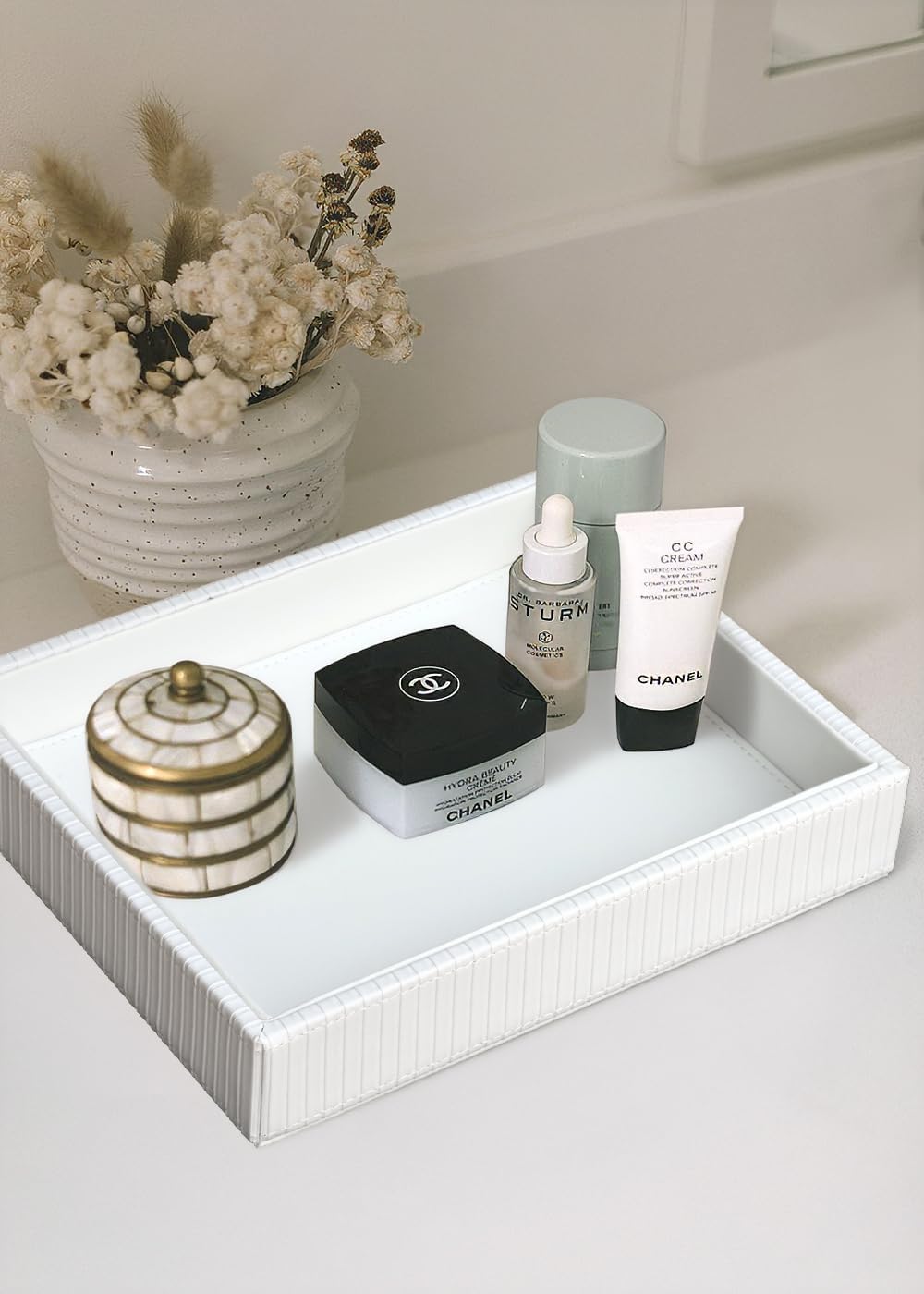 HofferRuffer Faux Leather Vanity Tray, Elegant Desktop Storage Organizer, Decorative Catchall for Perfume, Bathroom Valet, Nightstand or Dresser, 10.2 x 8.4 x 1.8 inches (Grey Stripe)