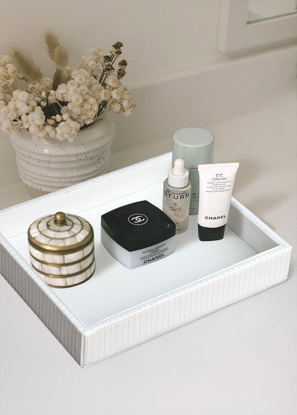 HofferRuffer Faux Leather Vanity Tray, Elegant Desktop Storage Organizer, Decorative Catchall for Perfume, Bathroom Valet, Nightstand or Dresser, 10.2 x 8.4 x 1.8 inches (Grey Stripe)