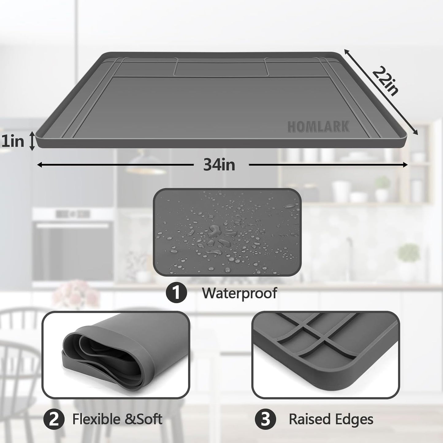 Under Sink Mat for Kitchen Waterproof, 34x22 Inches with Smaller Cut - Flexible Silicone Under Sink Liner, Kitchen Bathroom Cabinet Organizer for Drips Leaks (Grey, 34" L x 22" or Smaller)
