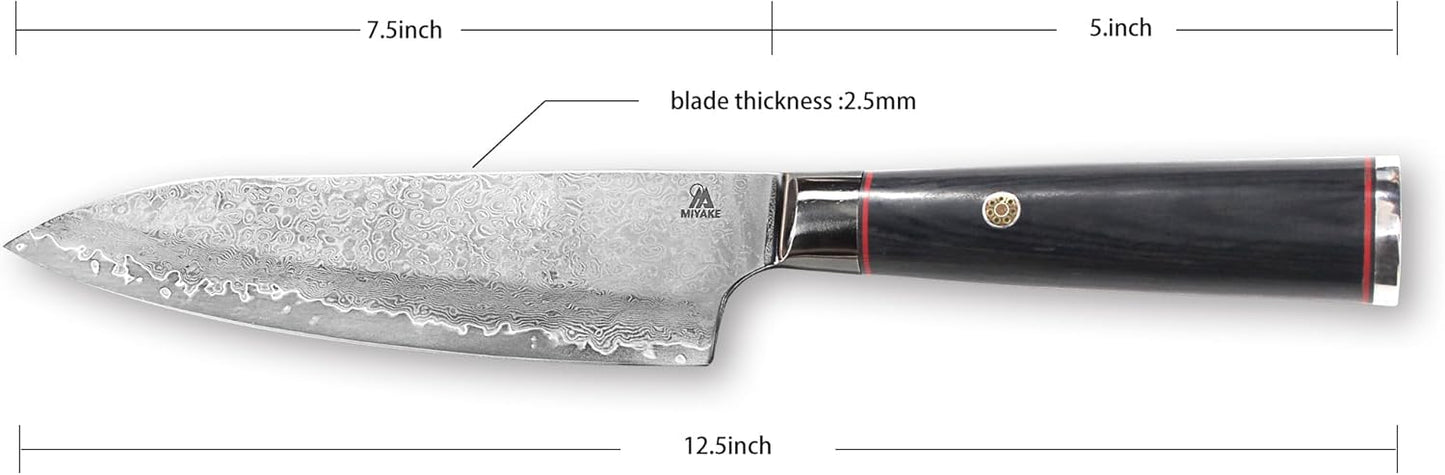 Miyake 7.5" Japanese Gyuto Chef Knife, 9Cr18MoV Stainless Steel Sharp Kitchen Knife with G10 & Pakkawood Handle, Damascus Finish, Gift Box Included