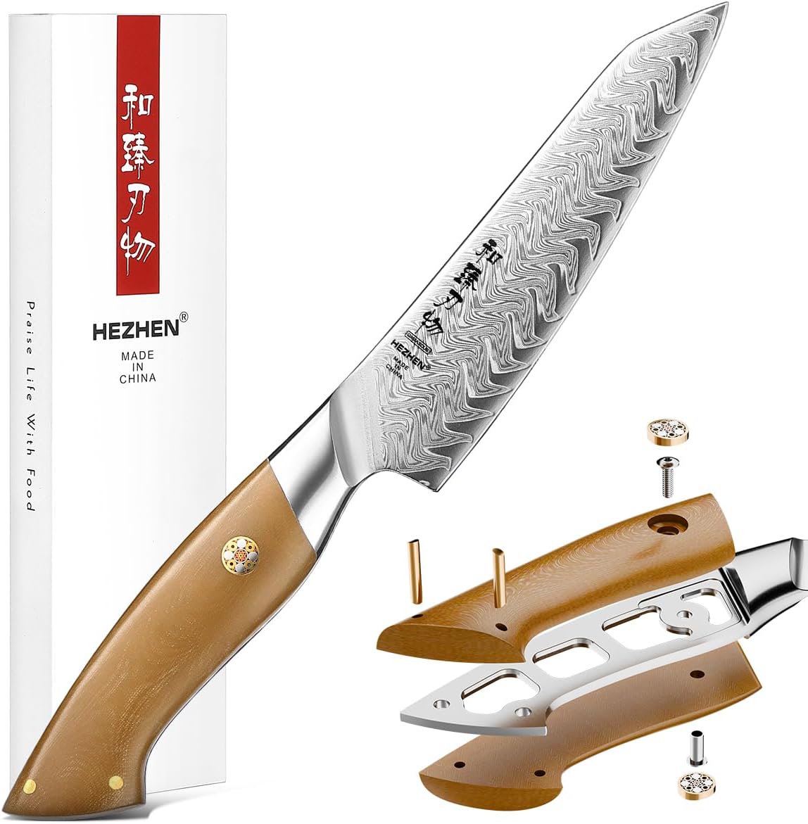 HEZHEN Damascus Chef Knife, 8.5 Inches, 67 Layers Damascus Steel, Professional Japanese Kitchen Knife for Chefs and Home Cooking, Ultra-sharp Blade with Linen Micarta Handle, Gift Packing
