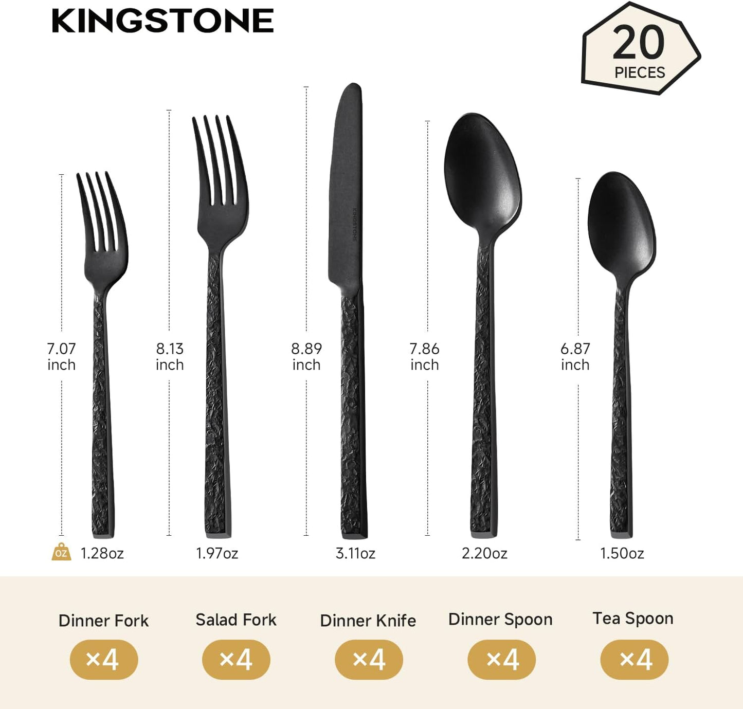 KINGSTONE 24 Pcs Black Hammered Silverware Set with Steak Knives for 4, 18/10 Stainless Steel Heavy Duty Flatware Set, Tableware Cutlery Utensil Sets for Home Restaurant Dishwasher Safe