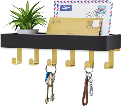 Key Holder Wall Mount Adhesive Magnetic - Hanging Key Hooks with Mail Organizer Tray for Wallet House - Keys Hanger Rack with Shelf for Camper Entryway Door Home Living Room Decor Large Black
