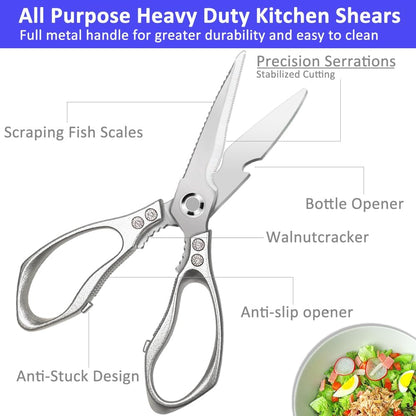 Heavy Duty Food Shears, Multi-Purpose Kitchen Scissors with Sharp Blades, 2-Pack Stainless Steel Food Shears for Kitchen, Poultry, Meat, Fish,Bone (Black)