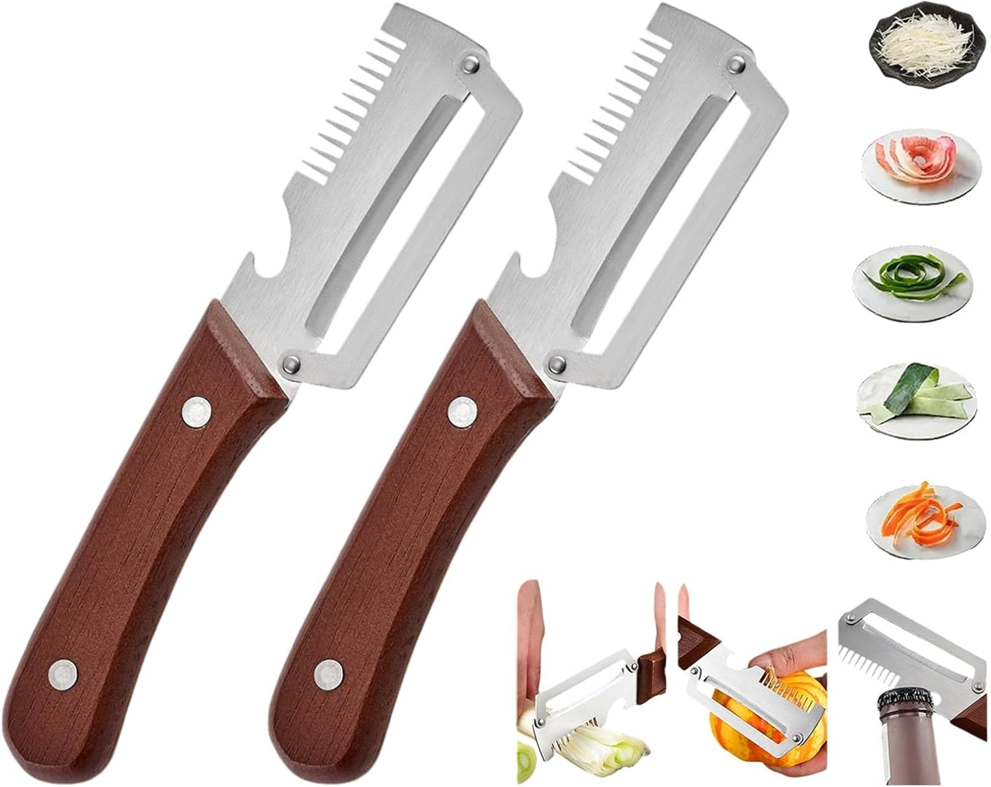 2-in-1 Serrated Peeling Knife Premium Vegetable Peeler, Multi-functional Stainless Steel Vegetable Peeler for Kitchen, 3-1 Blade Kitchen Tool for Peeling Fruits and Shredding Scallions (2 Pcs)