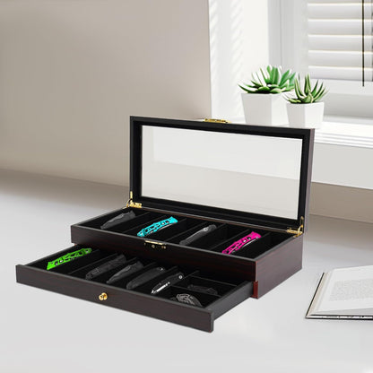Single Tier Pocket Knife Display Case 8 Slot Lockable Knife Storage Box Knife Collection Display Holder with Transparent Glass Top & Drawer for Utility Knife, Camping Knife (Ebony Color)