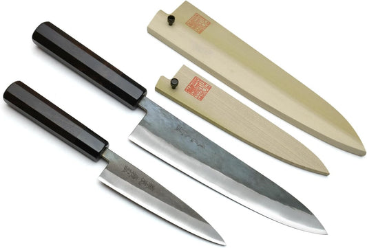 Yoshihiro Kurouchi Black-Forged Blue Steel Stainless Clad Gyuto Chefs Knife and Petty Utility Knife 2pc Set Ebony Handle (Gyuto 210mm & Petty 135mm)