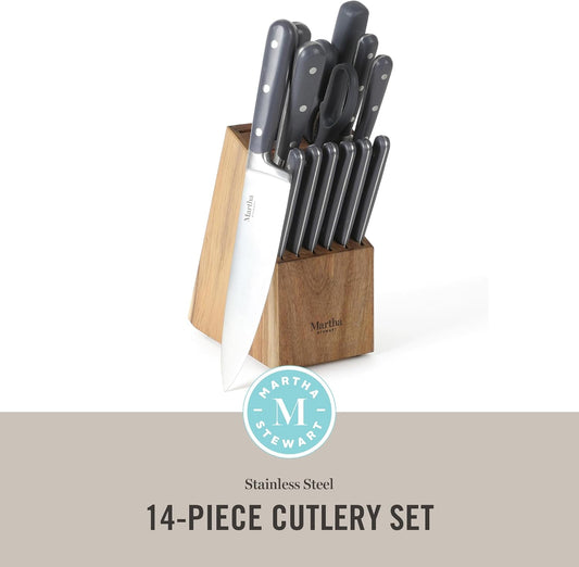 MARTHA STEWART Eastwalk 14 Piece High Carbon Stainless Steel Cutlery Kitchen Knife Block Set w/ABS Triple Riveted Forged Handle Acacia Wood Block - Linen White