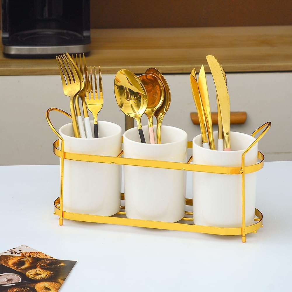 3-Piece White Ceramic Silverware Cutlery Holder with Black Metal Rack, Utensil Holder Flatware Caddy Cutlery Storage Organizer for Kitchen and Countertop (White)
