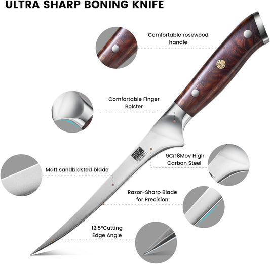 Fillet Knife 7 Inch, Ultra Sharp Boning Knife in 9Cr18MoV High Carbon Steel, Professional Fish Knives with Rosewood Handle for Precise Filleting, Slicing & Trimming