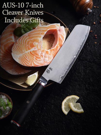 Japan Aichi AUS10 Triple Layer Composite Steel 8-inch Chef's Knife,Gyuto，Meat Cleavers，G10 Handle, Forged Kitchen Knife，Black Walnut Knife Sheath Set