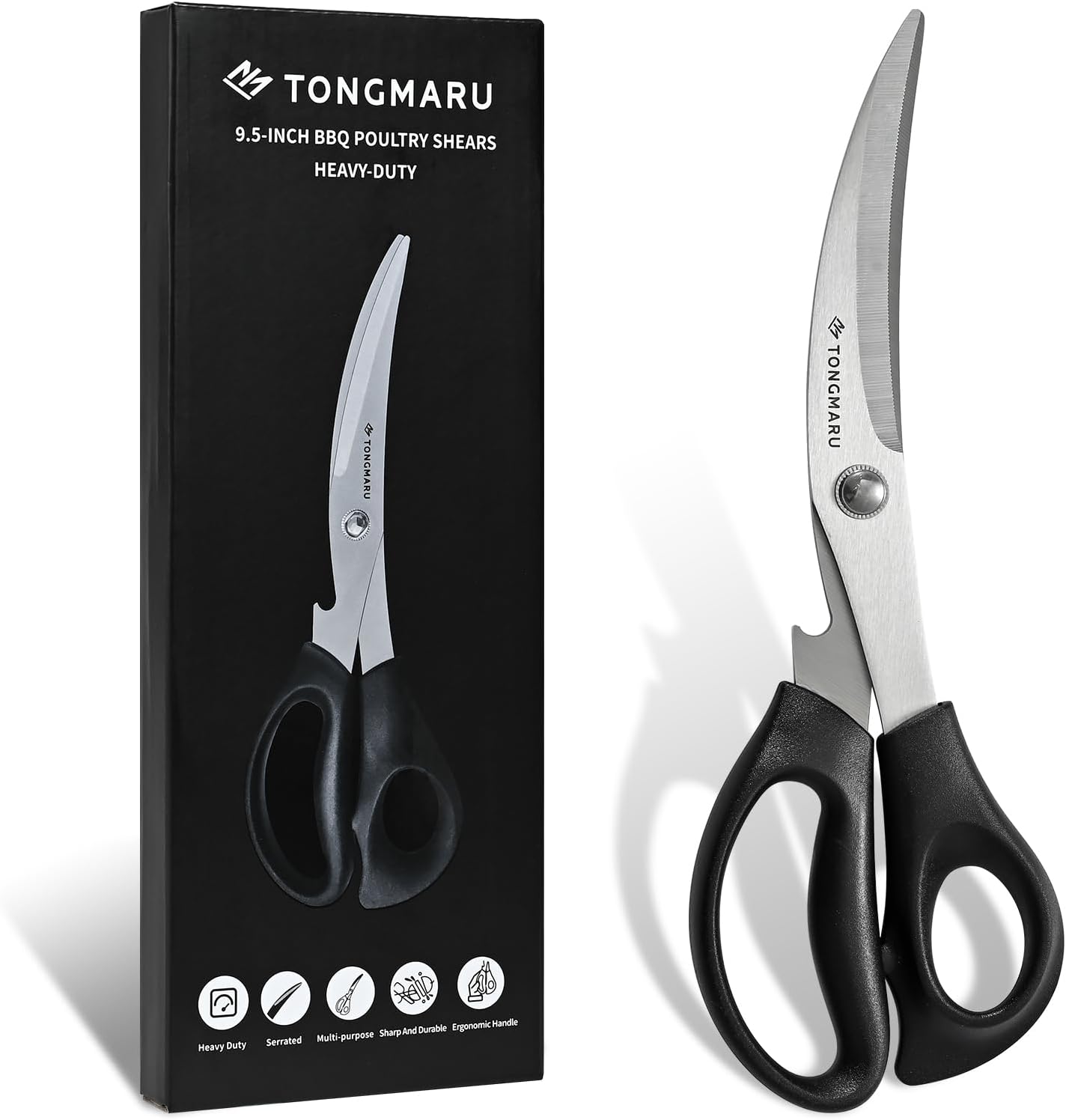 Heavy Duty BBQ Shears, Super Sharp All Purpose Kitchen Poultry Shears, Korean Barbeque Scissors with Anti-slip Handle, Serrated Blades with Bottle Opener function