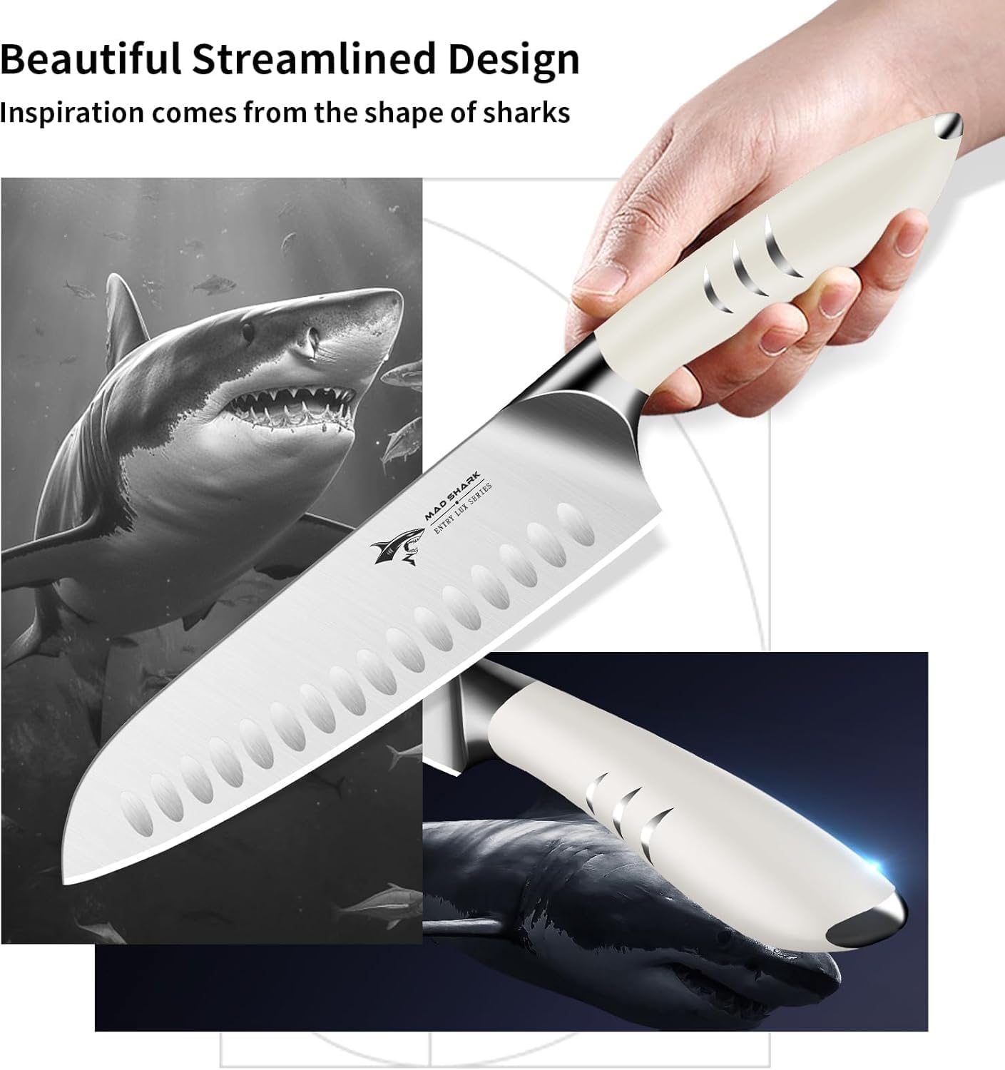 MAD SHARK 8 Inch Santoku Knife - Ultra Sharp Japanese Kitchen Knife with High Carbon German Steel, Ergonomic Handle, Ideal for Slicing, Dicing, Cutting - Unique Gift for Chefs, Men & Women (Black)