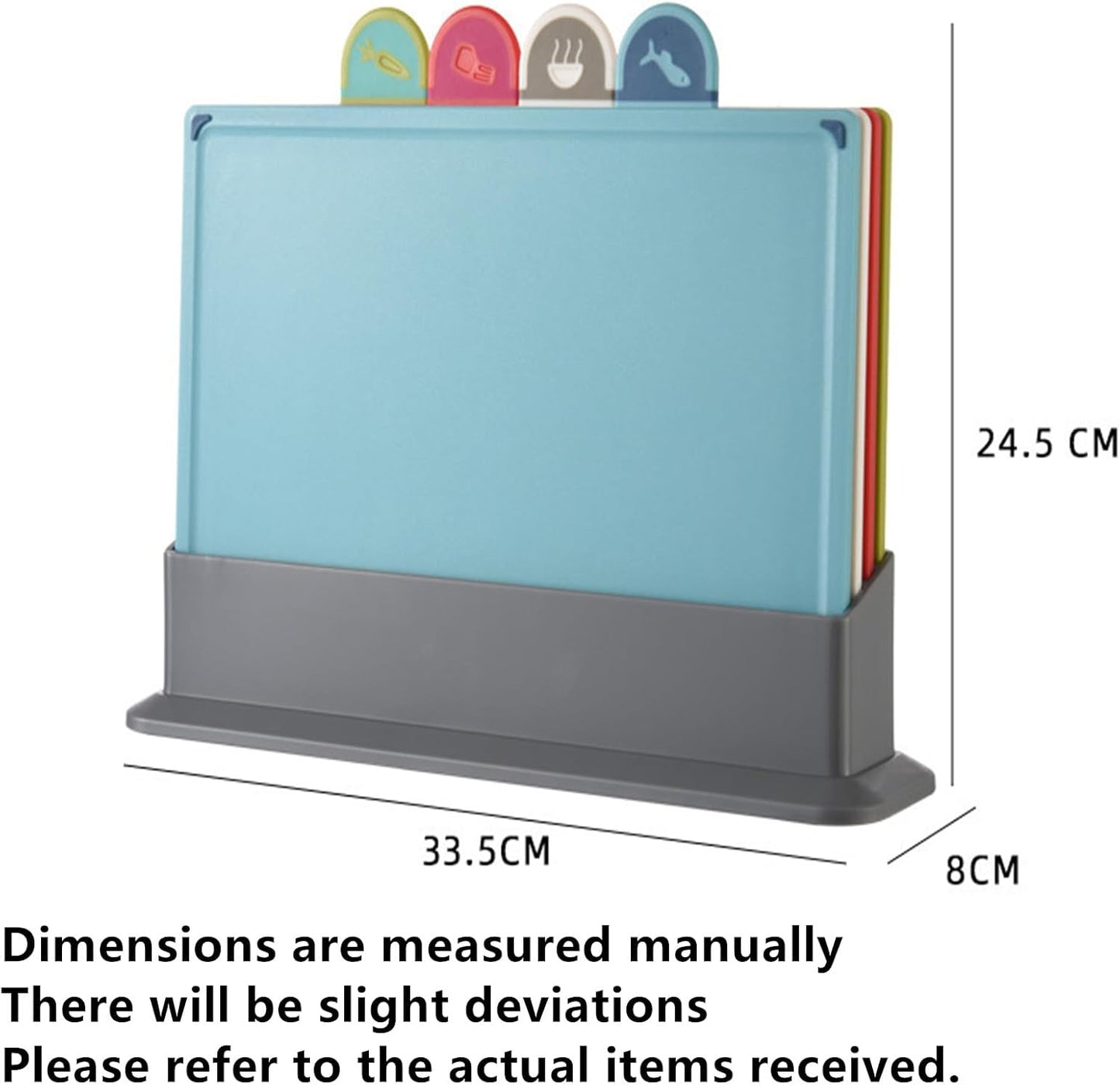 generic Chopping Board Set, Index Plastic Cutting Boards with Food Icon, Set of 4 Coloured Chopping Mats with Storage Stand for Kitchen Meat Fish Vegetables (Blue Chopping Board Set), 23.5cm x 30cm