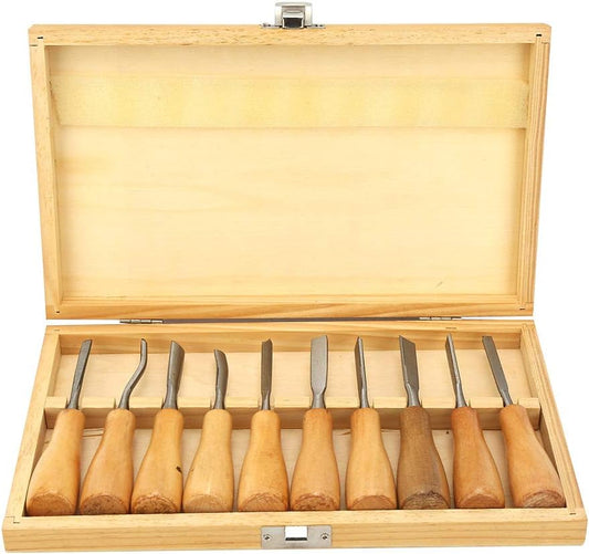 Carving Tools Set, 10Pcs with Wooden Handles in a Wooden Storage Case Carving Knife Chisel Kit Set