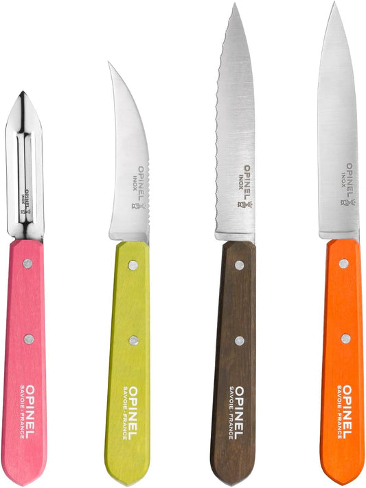 OPINEL Les Essentials - Small Kitchen 4 Piece Knife Set - Paring, Serrated, Peeler, Vegetable Knife, Corrosion Resistant High Carbon Steel, Made in France (Art Deco)