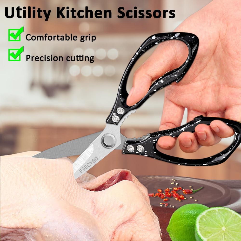 Heavy Duty Food Shears, Multi-Purpose Kitchen Scissors with Sharp Blades, 2-Pack Stainless Steel Food Shears for Kitchen, Poultry, Meat, Fish,Bone (Black)