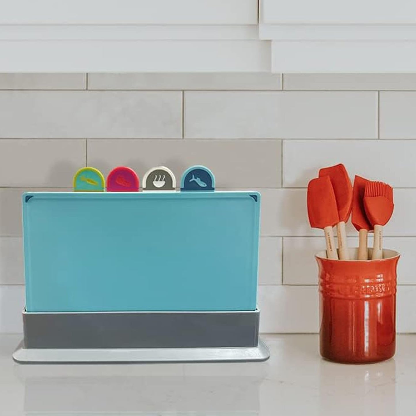Cutting Board Set with Storage Stand,4 Colour Plastic Cutting Board Set with Food Icon,Suitable for Different Foods