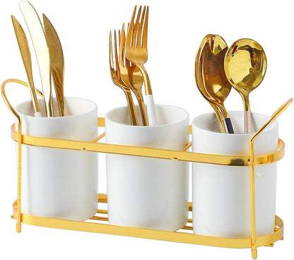 3-Piece White Ceramic Silverware Cutlery Holder with Black Metal Rack, Utensil Holder Flatware Caddy Cutlery Storage Organizer for Kitchen and Countertop (White)