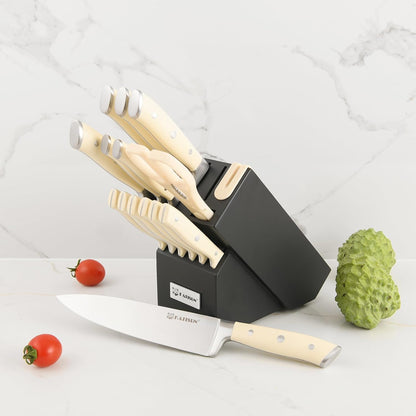 Kitchen Knife Set,14-Piece Knife Set With Block Wooden, Self Sharpening For Chef Knife Set, High Carbon German Stainless Steel Hammered Collection Knife Block Set, Dishwasher Safe Cutlery, Cream