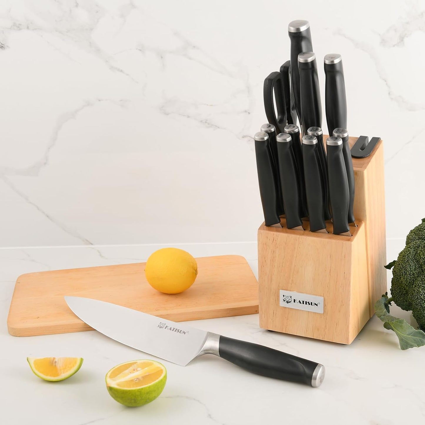 Kitchen Knife Set,14-Piece Knife Set With Block Wooden, Self Sharpening For Chef Knife Set, High Carbon German Stainless Steel Hammered Collection Knife Block Set, Dishwasher Safe Cutlery, Cream