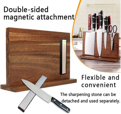 Magnetic Knife Block with Sharpening Stone, Double-Sided Acacia Wood Knife Holder, Detachable Whetstone, Kitchen Storage Rack