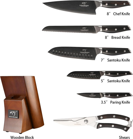 Damascus Kitchen Knife Set, 9 Pieces With Block, White ABS Triple Rivet Ergonomic Handle for Chef Knives, Sharpener and Shears