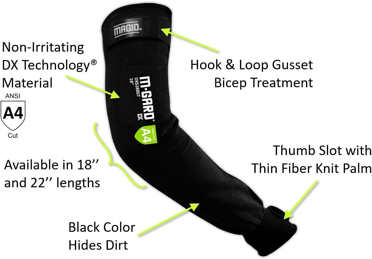 MAGID Cut Resistant Protective Arm Sleeves with Thumb Slot, 1 Pair, Black I Thumbslot: Yes, 18"