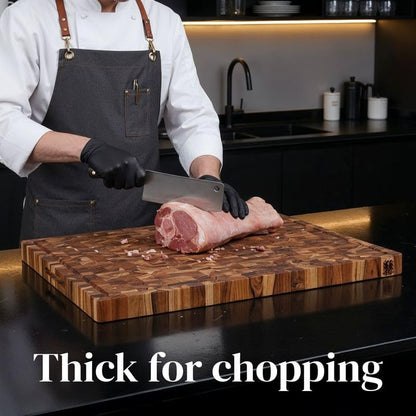 Premium End Grain Teak Cutting Board 12" x 8" x 1" with Handle & Juice Groove, Medium Thick Solid Non-toxic Wood Butcher Block for Meat, Fruit, Cheese & Kitchen Prep by New M Way