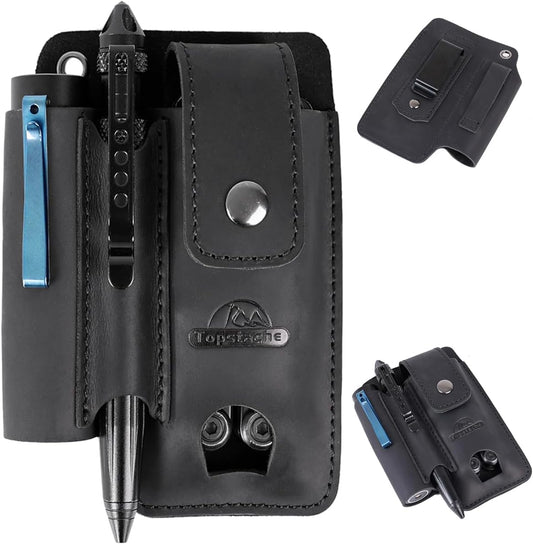 Topstache Leather Multitool Sheath - Multi Tool Holster with Belt Clip - EDC Belt Organizer Fits Multitool, Flashlight, Pen - Leather EDC Pouch Belt Holder Case with Closure Flap, Darkbrown