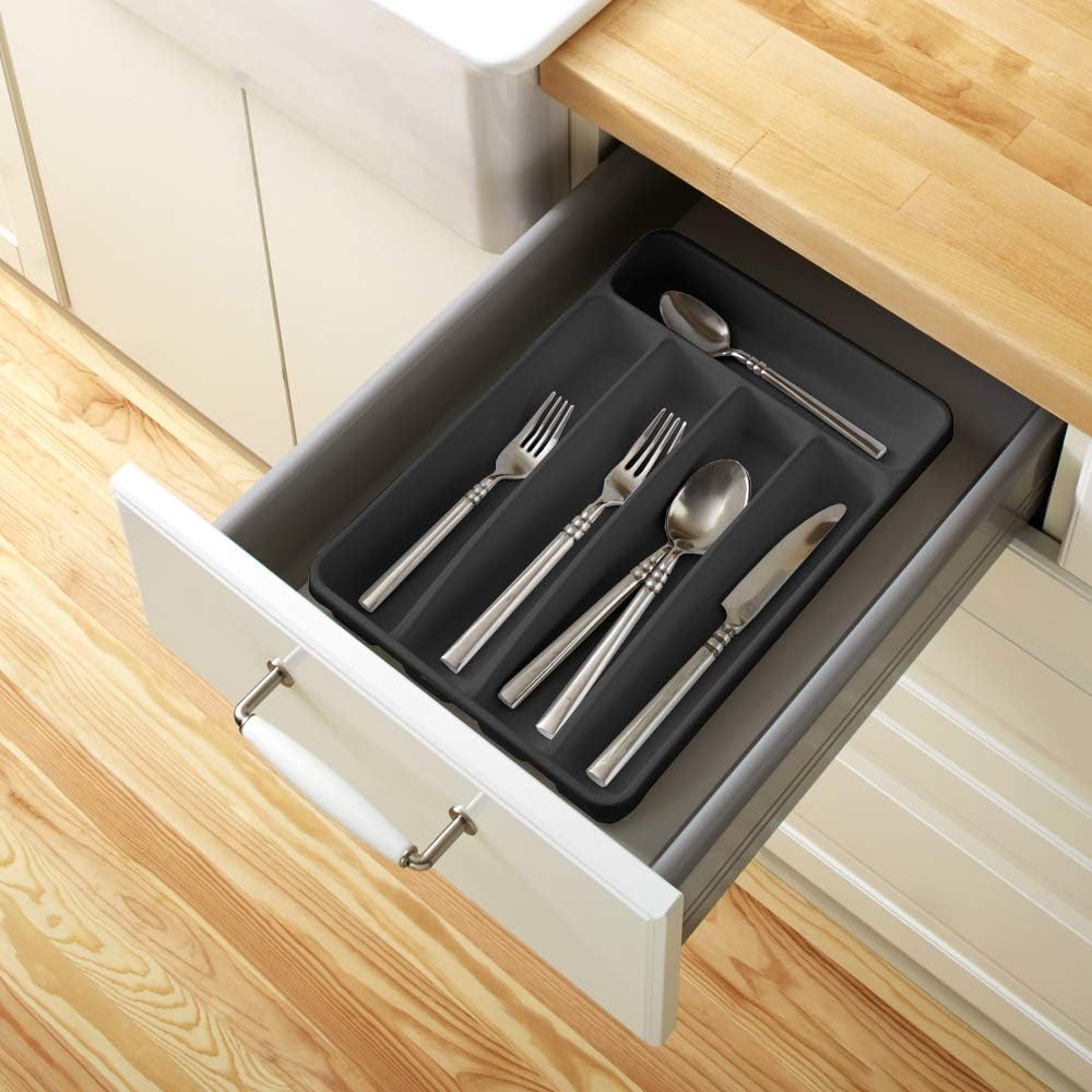 madesmart Silverware Tray, 5 Compartment Flatware Organizer for Forks, Knives & Spoons, Durable Drawer Organizer, White