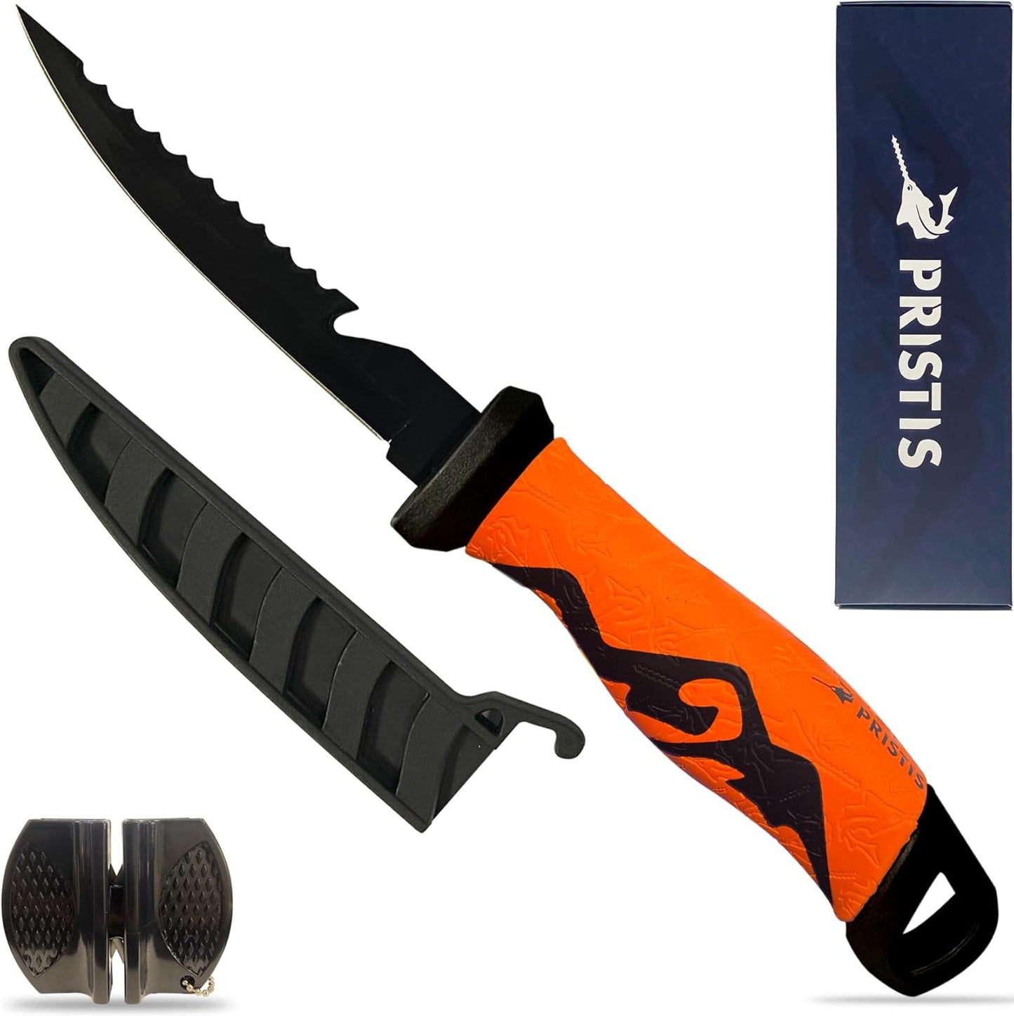 Pristis 9'' Fillet Knife for Fish, Stainless Steel Teflon Coated Blade with Non-Slip Grip Handle, Filet Knife Tackle with Protective Sheath and Sharpener for Fishing Boning Meat Cutting Kitchen