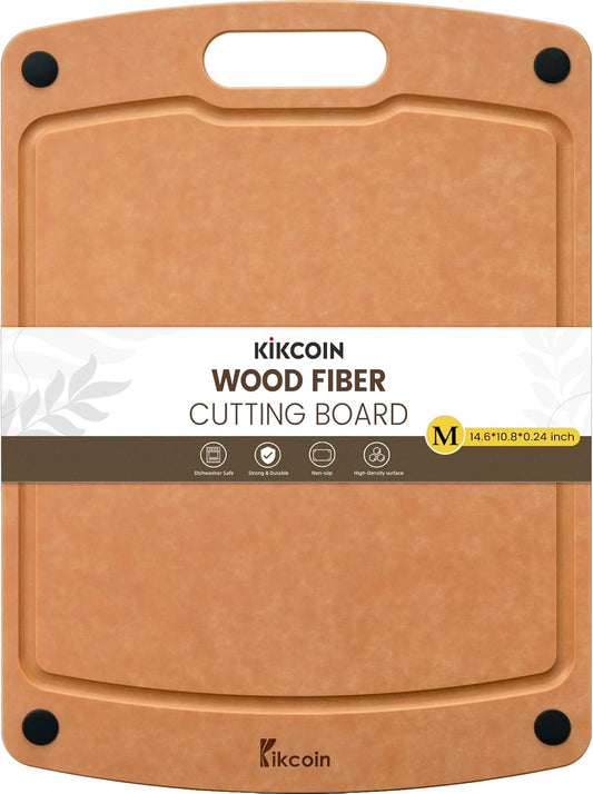 Kikcoin Wood Cutting Board, Cutting Boards for Kitchen Dishwasher Safe Non-slip Chopping Board with Juice Groove, Wood Fiber Composite Cutting Board with Hanging Hole, 14.6"*10.8"