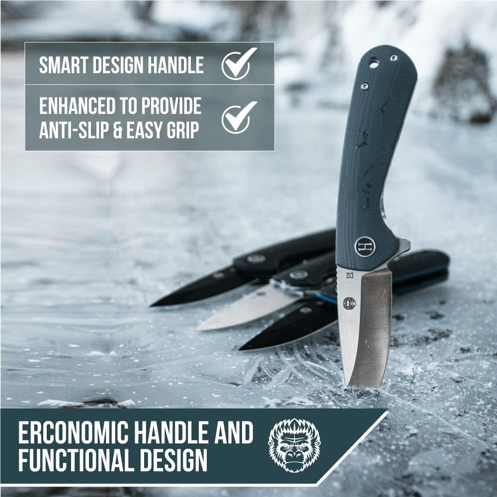 Holtzman's Gorilla Survival Peasant Folding Knife with G10 Tactical Handle, D2 Steel Blade, Gift Box Set (Black+Blue) - Great for Everyday Carry