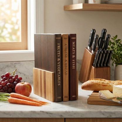 Library Cutting Board Set, Wood Book Cutting Boards with Stand, Decorative Cutting Boards for Kitchen Display, Acacia Wooden Chopping Board Set of 3